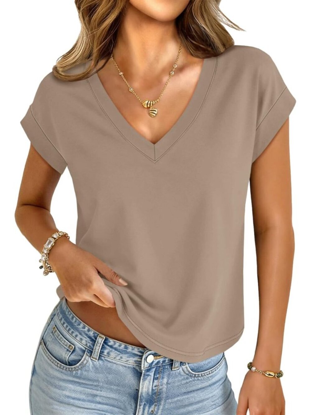 Women's Khaki V Neck Cap Sleeve Summer Basic Loose Fit Pull On Crop Tops